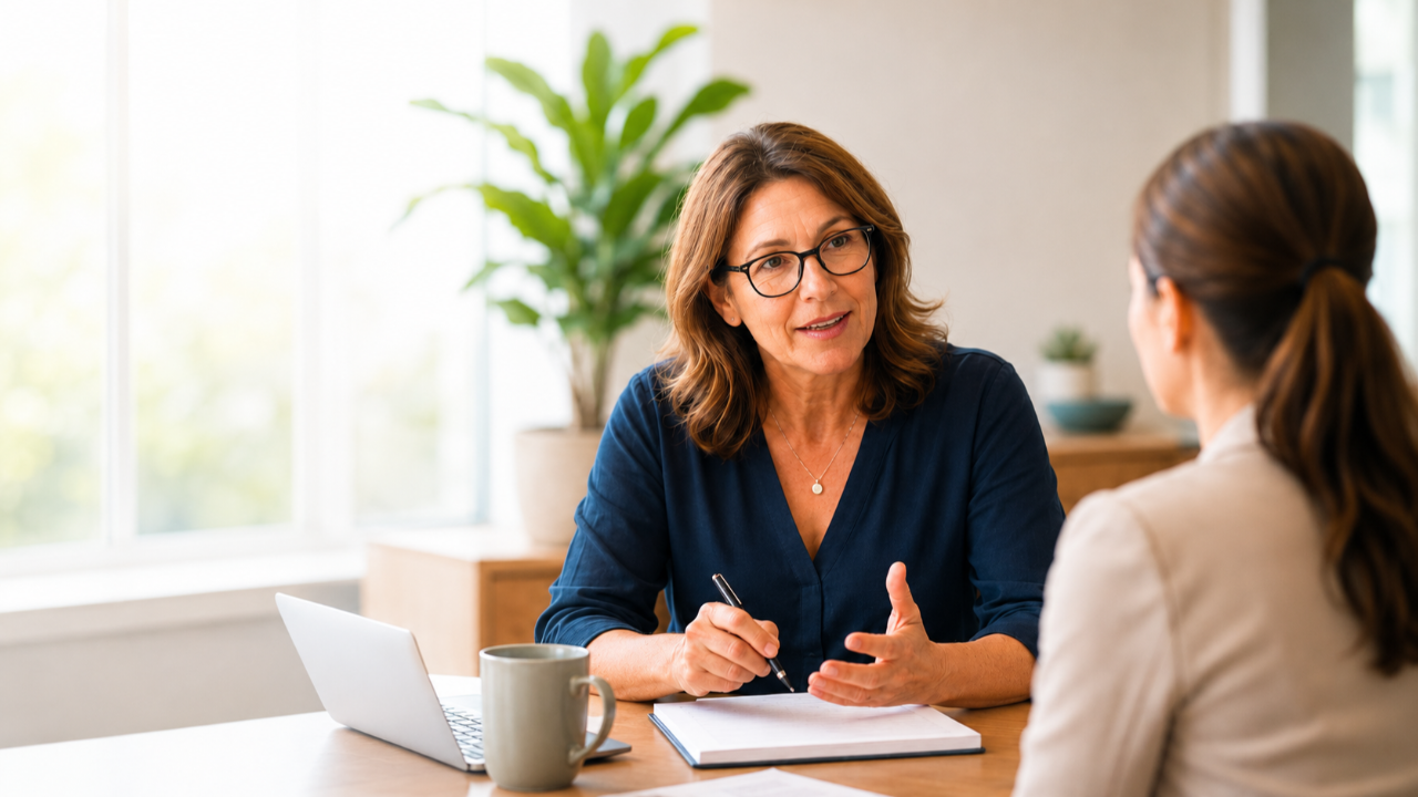 Leader using coaching skills to support team development in a professional office setting