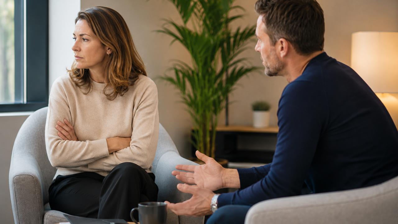Two people in a bright modern office during a tense conversation, showing how broken trust can create distance and disconnection.