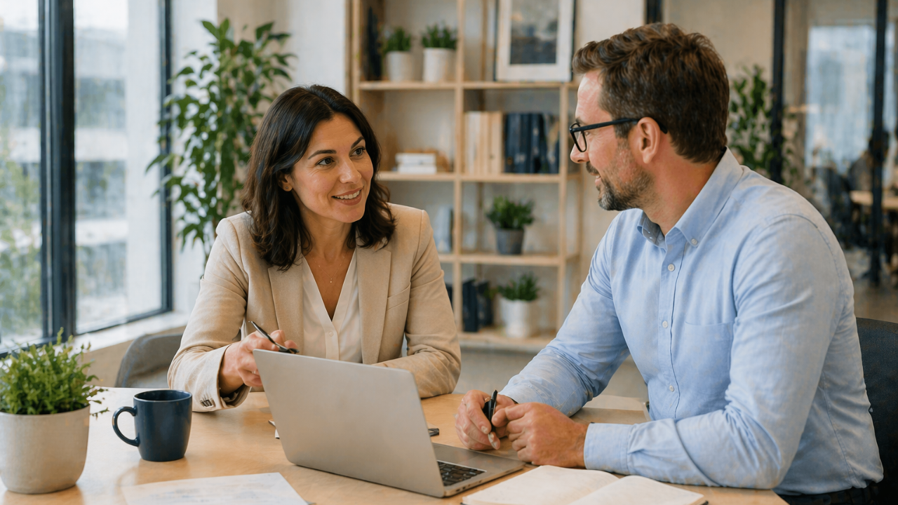 A female manager coaching a male colleague in a bright, modern office, demonstrating how coaching skills help leaders build trust, encourage independent thinking and develop employee confidence.