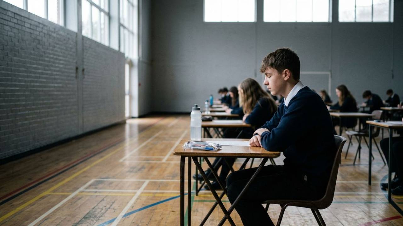 Year 11 student sitting at an exam desk in a school sports hall