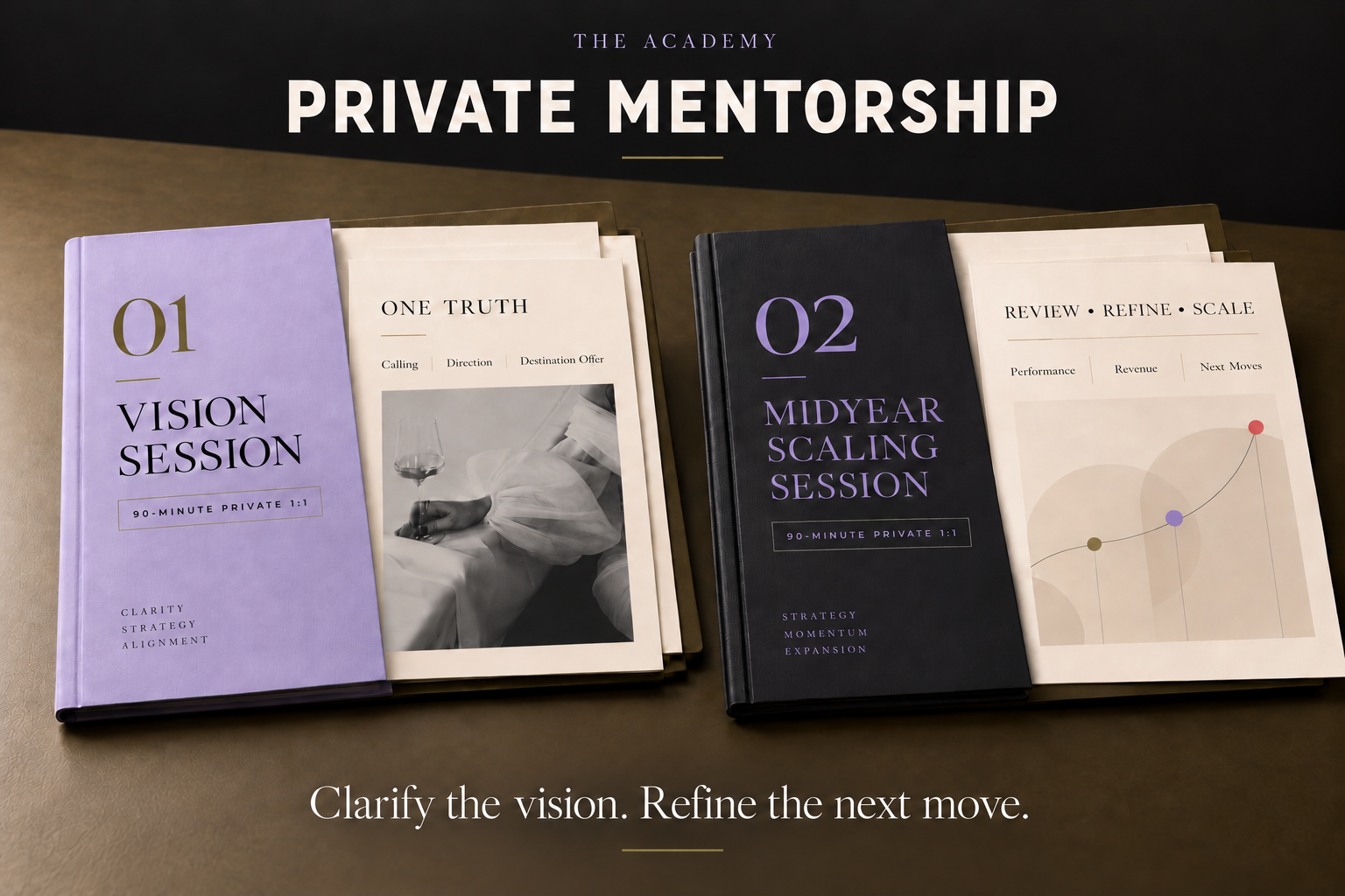 1:1 Vision Session and Mid-Year Scaling Session folios for Academy business mentorship