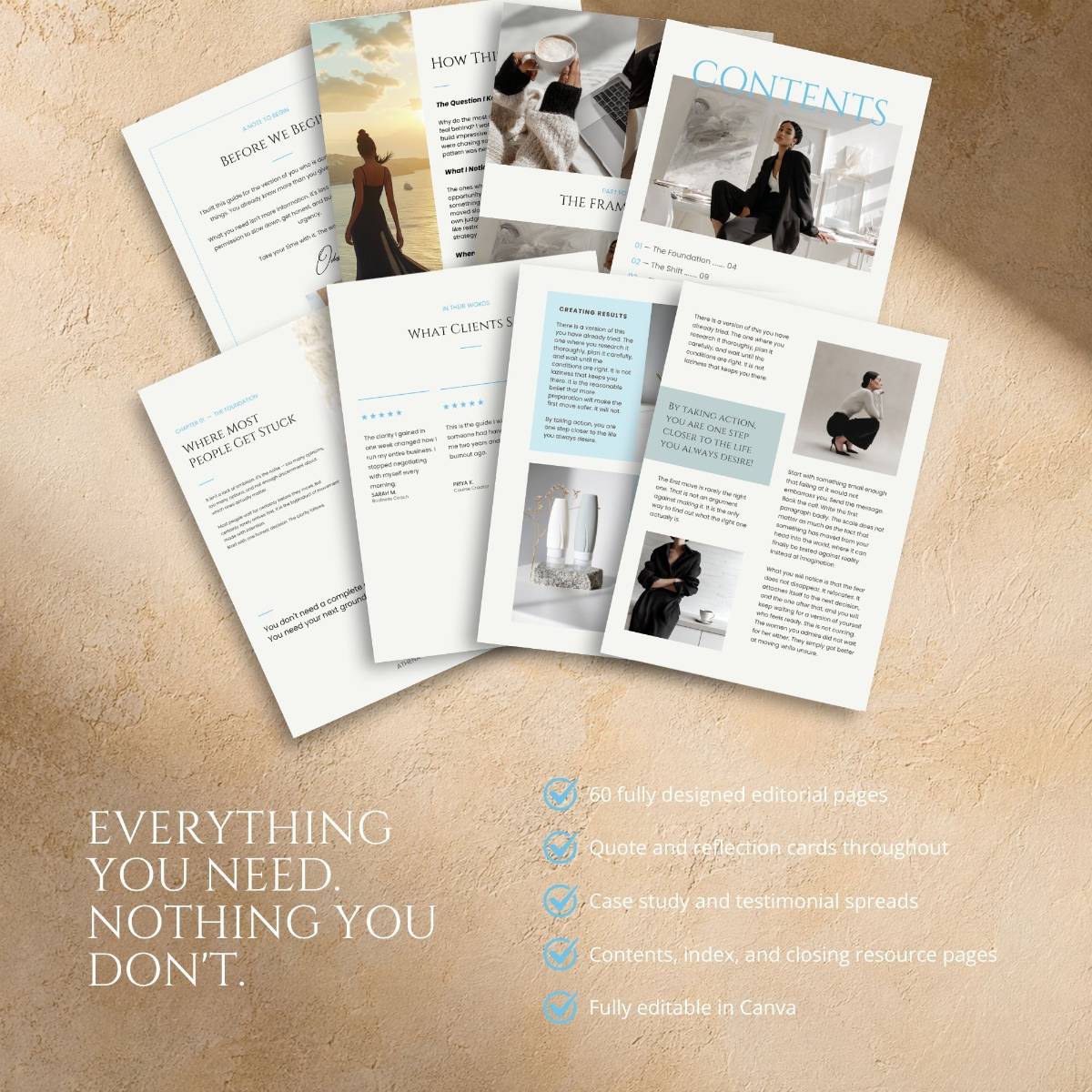 Coaching workbook pages fanned on a sandstone background beside a checklist of everything included in the ebook template.