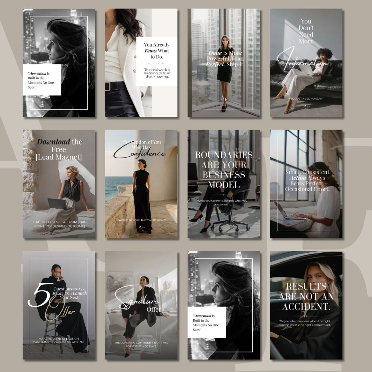 Editorial Pinterest pin templates for business coaches showing quote, promotional, and how-to pin designs