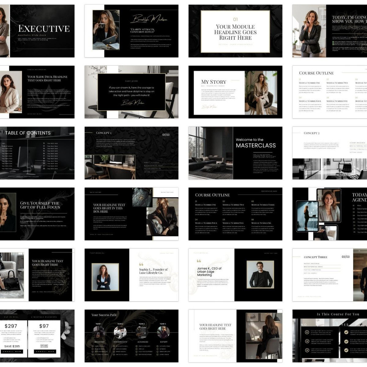 Preview of 60-Page Executive Slide Deck – Madison Canva Template for Webinars, Workshops and Masterclasses