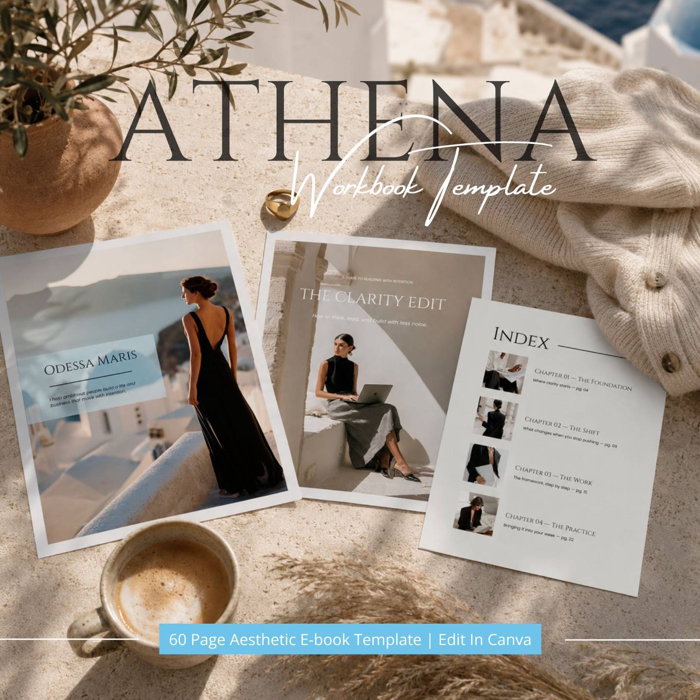 Ebook template flat lay with a coffee cup, knit sweater, and coaching workbook pages styled on a light sandstone desk.