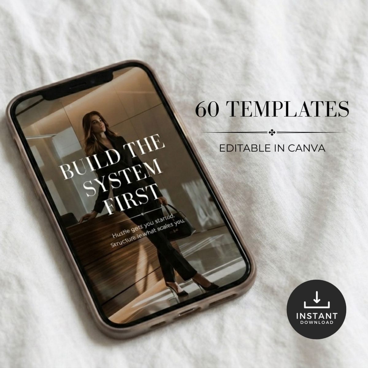 60 Pinterest pin templates for coaches and female entrepreneurs editable in Canva shown on phone mockup