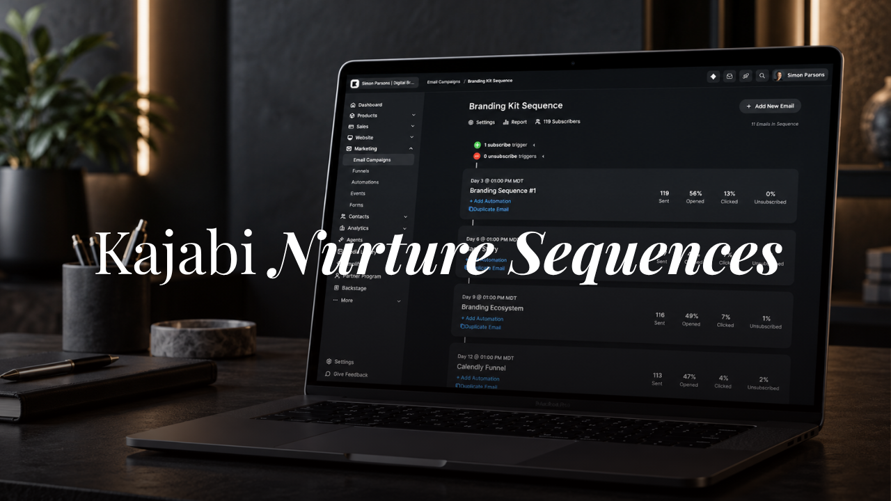 Kajabi email nurture sequence shown on macbook pro