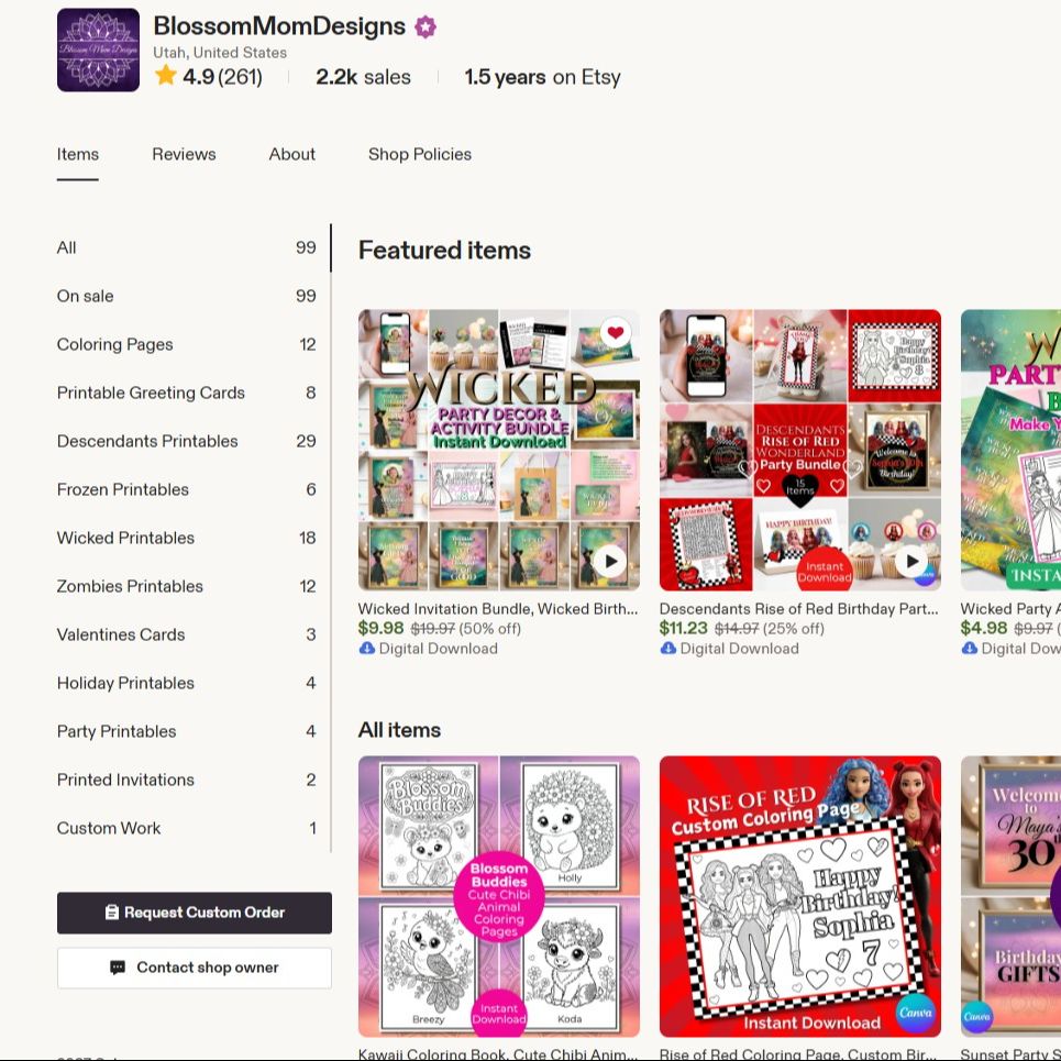 BlossomMomDesigns Etsy shop with 4.9 star rating and 2,200 sales — a real example of selling digital products on Etsy built from scratch using Canva