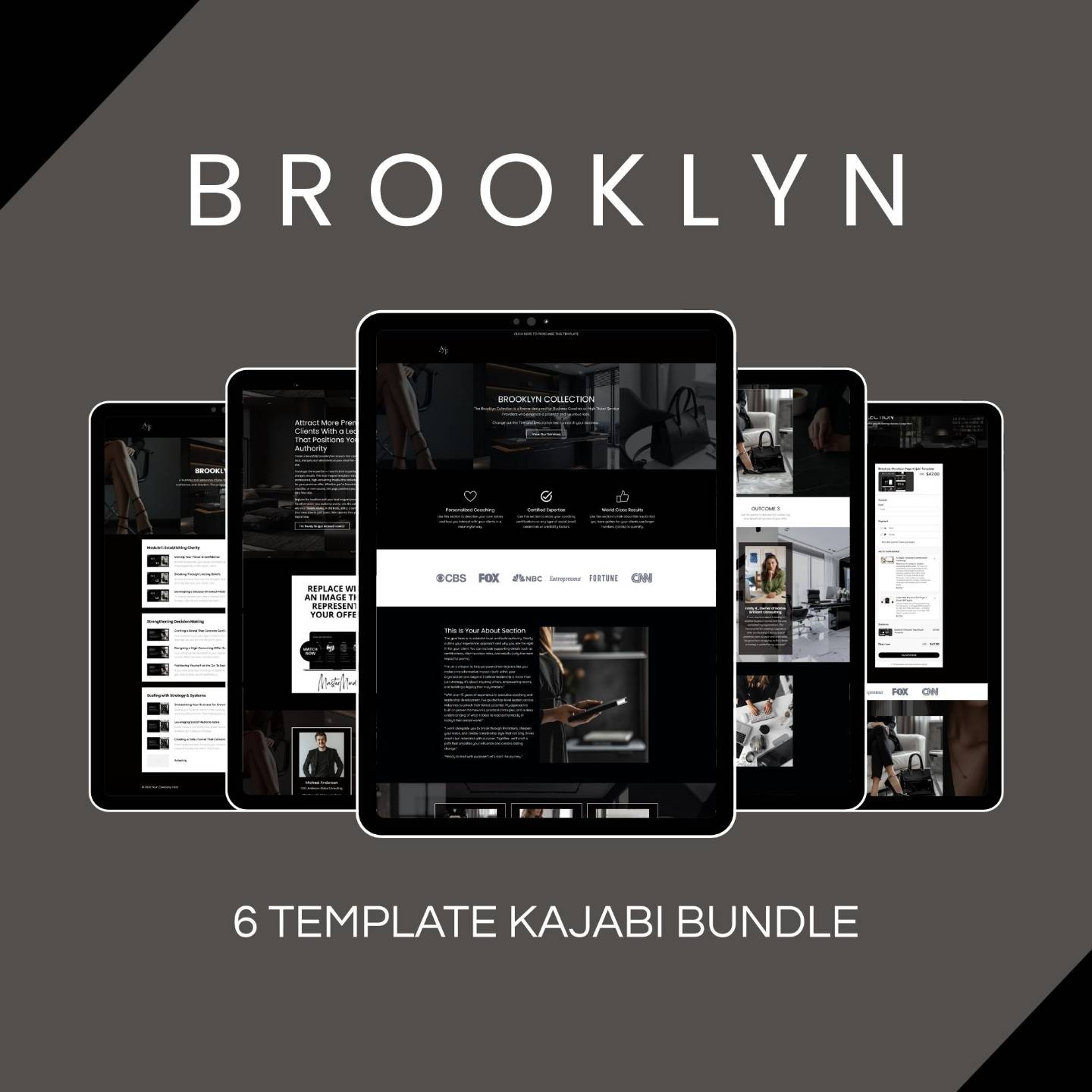 Six premium templates. One dark, editorial aesthetic across your website, sales page, lead magnet, checkout, thank you page and course. Built for coaches who refuse to look like everyone else.