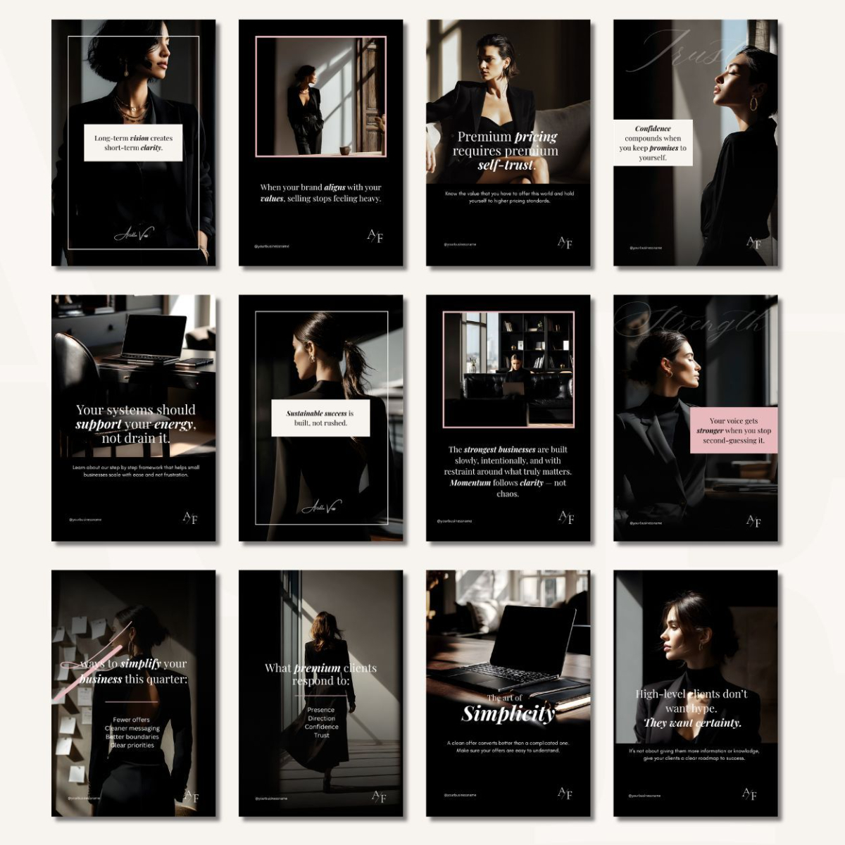 Twelve Milano Pinterest pin Canva templates displaying dark editorial quote and strategy layouts for coaches