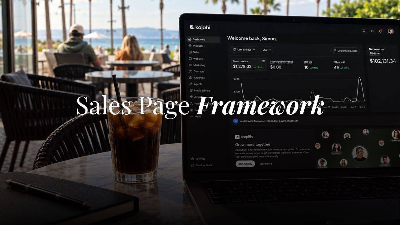 Kajabi Sales Page Framework shown on a laptop
