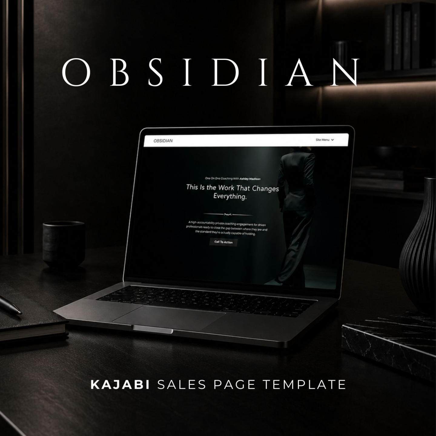 Obsidian Kajabi Sales Page Template displayed on a laptop on a modern desk