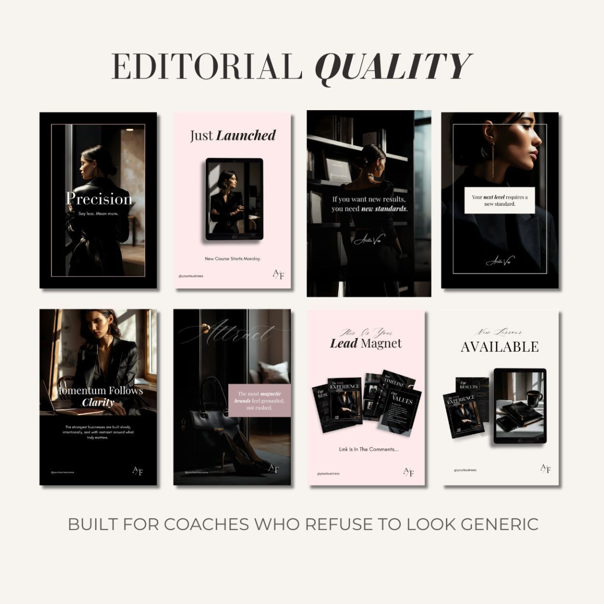 Eight Milano Pinterest pin templates showing dark editorial and soft pink Canva designs for luxury coaches