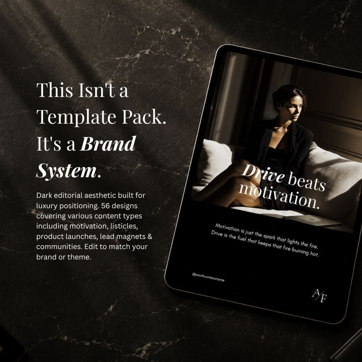 Milano Pinterest pin brand system on tablet showing dark editorial Drive Beats Motivation Canva template design