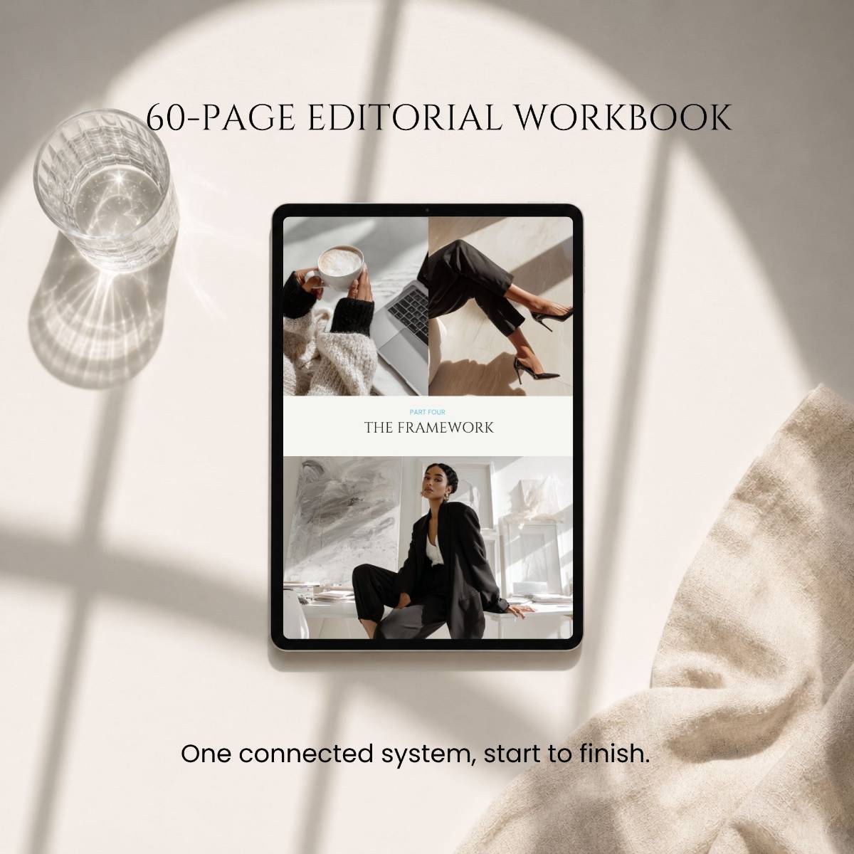 Ebook template shown on a tablet displaying The Framework chapter opener beside a glass of water on a light backdrop.