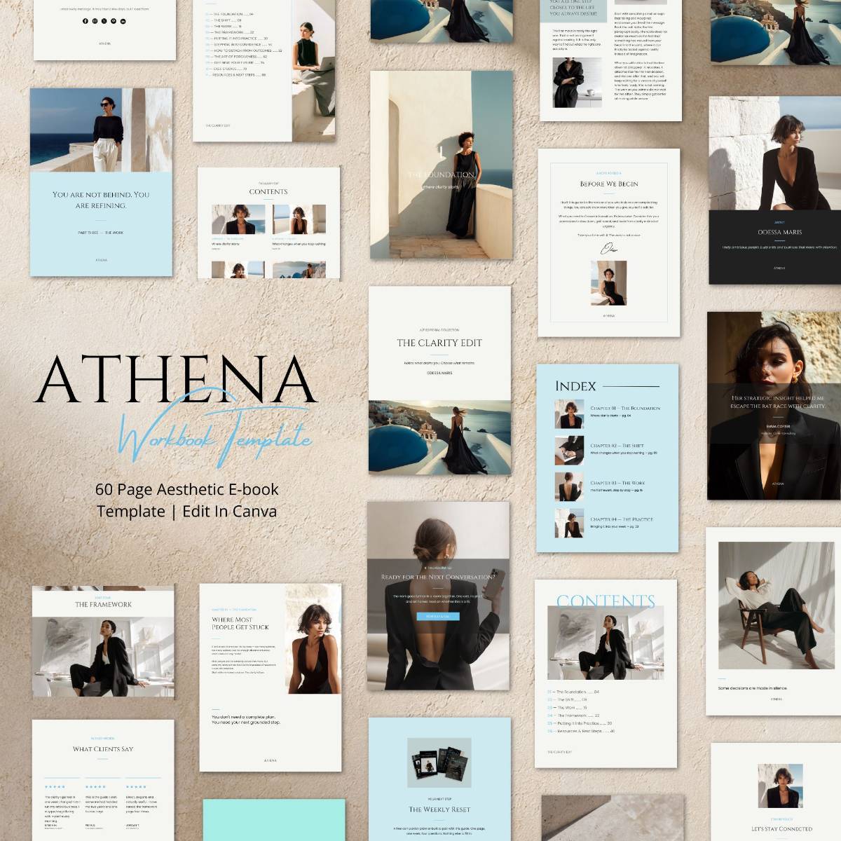 Ebook template overview collage of coaching workbook pages fanned across a sandstone desk with Santorini-inspired styling.