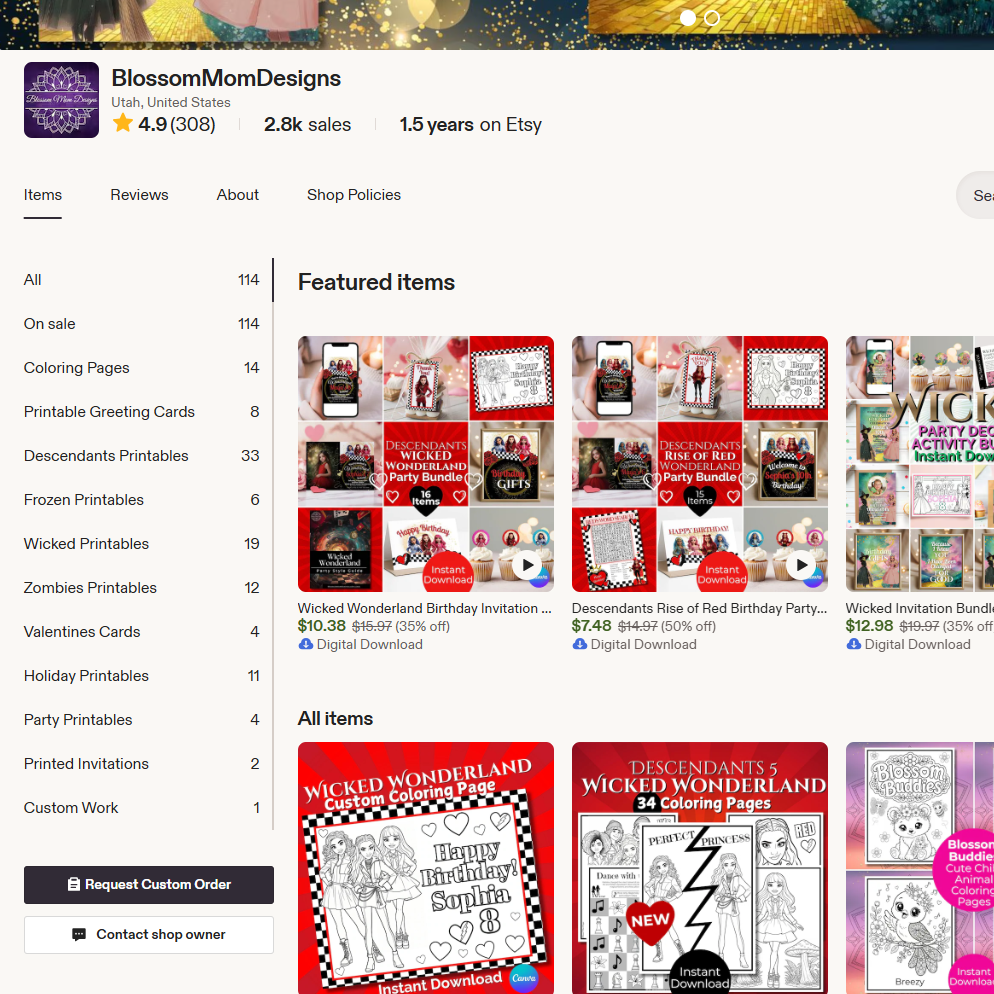 BlossomMomDesigns Etsy shop with 4.9 star rating and 2,200 sales — a real example of selling digital products on Etsy built from scratch using Canva