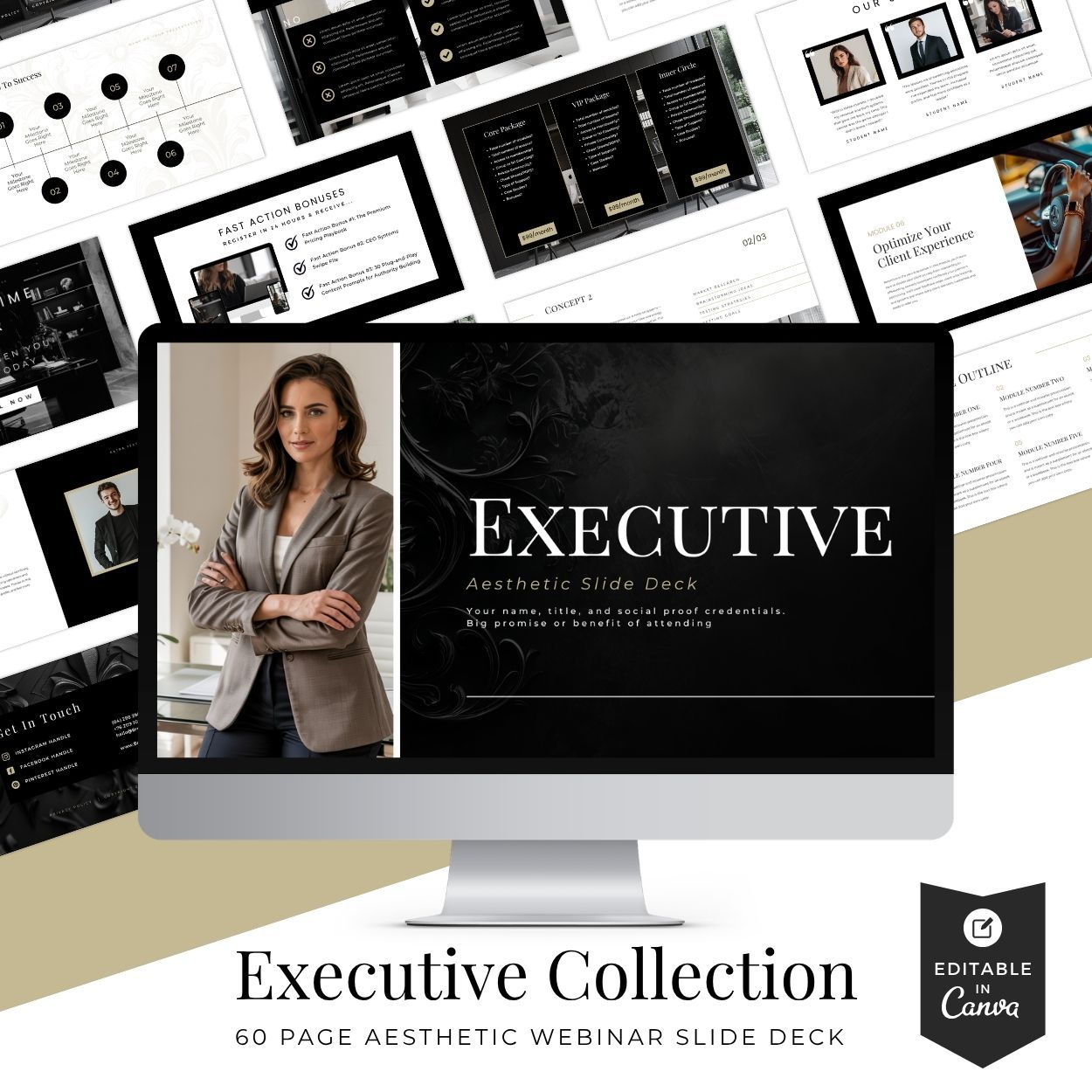 Executive Collection Canva Slide Deck – 60-page Neutral Aesthetic Webinar Template for Coaches and Course Creators