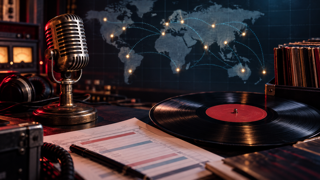 Neighboring rights royalties represented by a broadcast microphone, vinyl record and world map