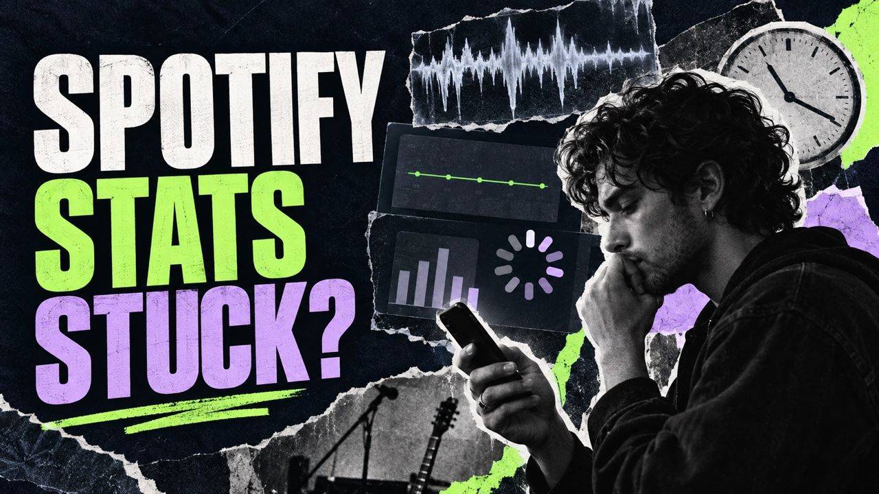 Musician checking delayed Spotify statistics beside a loading chart and clock