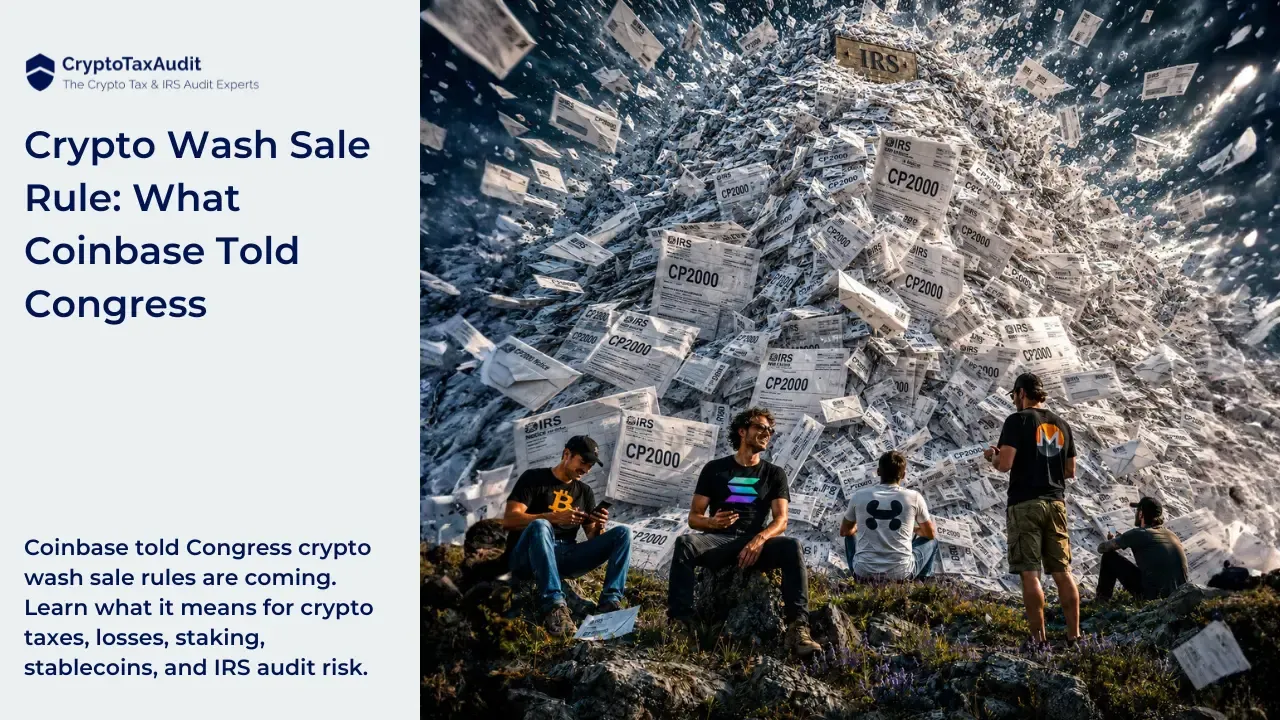 CryptoTaxAudit blog graphic with a white text panel on the left and a cinematic IRS paperwork avalanche scene on the right. The left panel shows the CryptoTaxAudit shield logo and the words “CryptoTaxAudit, The Crypto Tax & IRS Audit Experts.” Below it, the headline reads “Crypto Wash Sale Rule: What Coinbase Told Congress.” Near the bottom, smaller text reads: “Coinbase told Congress crypto wash sale rules are coming. Learn what it means for crypto taxes, losses, staking, stablecoins, and IRS audit risk.” The right side shows a huge mountain made of IRS CP2000 notices and envelopes crashing downward like an avalanche. A wooden “IRS” sign sits near the top of the mountain. At the bottom, several relaxed crypto traders sit or stand on rocks, looking at phones and wearing crypto-themed shirts, including Bitcoin, Solana, HYPE-style, and Monero symbols, unaware of the massive CP2000 paperwork avalanche behind them.