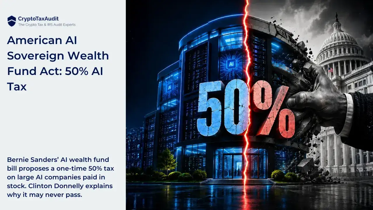 CryptoTaxAudit blog graphic about the American AI Sovereign Wealth Fund Act. On the right, a futuristic blue AI data center marked “AI” is split by a glowing red crack. A huge cracked “50%” sits across the building as a giant hand from the U.S. Capitol side appears to tear away half of it, symbolizing government ownership of 50% of large AI companies. On the left, text reads “American AI Sovereign Wealth Fund Act: 50% AI Tax,” with a summary explaining Bernie Sanders’ proposal for a one-time 50% tax paid in company stock.