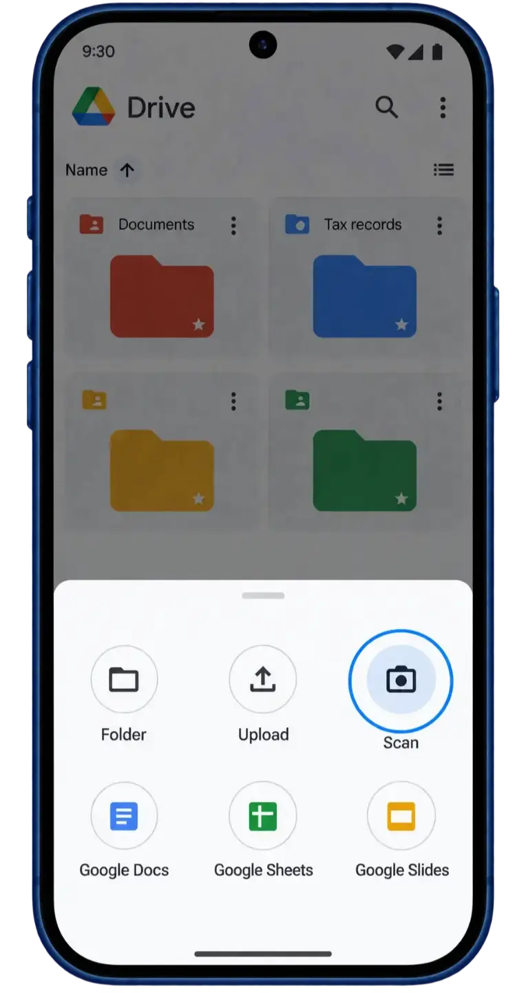 Google Drive New menu with Scan highlighted.