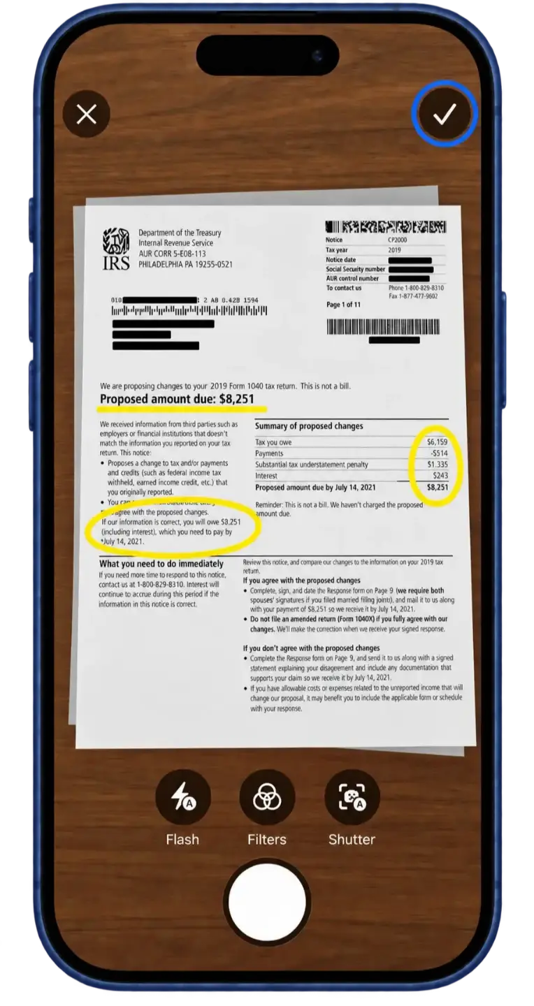 The captured letter page with the checkmark highlighted.