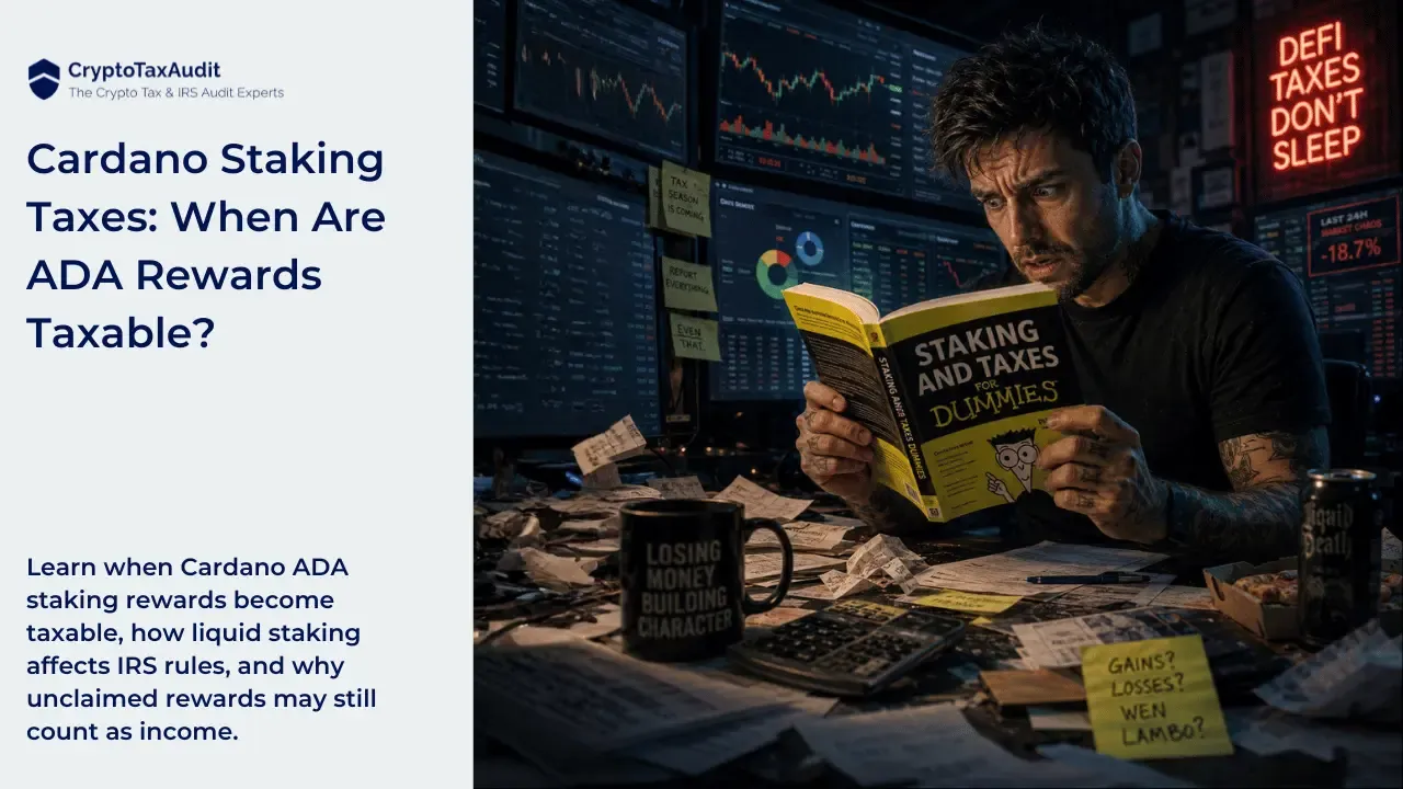 CryptoTaxAudit blog image for “Cardano Staking Taxes: When Are ADA Rewards Taxable?” The left side has the CryptoTaxAudit logo and tagline, “The Crypto Tax & IRS Audit Experts,” above the large headline “Cardano Staking Taxes: When Are ADA Rewards Taxable?” Below it, smaller text reads: “Learn when Cardano ADA staking rewards become taxable, how liquid staking affects IRS rules, and why unclaimed rewards may still count as income.” The right side shows a stressed crypto trader sitting at a cluttered desk in a dark trading room, reading a yellow and black book titled “Staking and Taxes for Dummies.” Behind him are multiple monitors with crypto charts, market dashboards, and a red neon sign that says “DeFi Taxes Don’t Sleep.” The desk is covered with tax papers, a calculator, sticky notes, a coffee mug, and trading clutter, creating a humorous panic-tax-season scene.