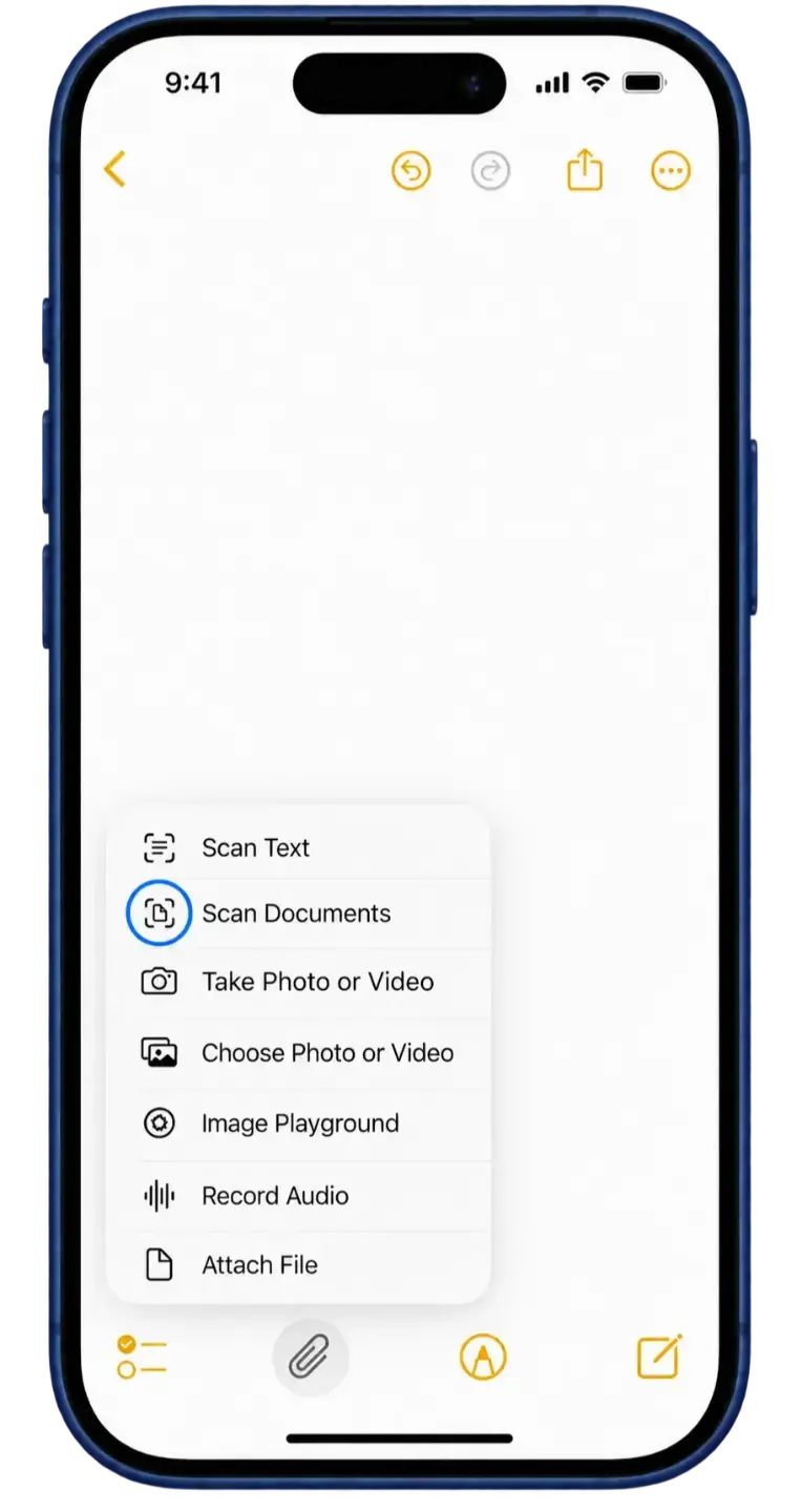 The Notes attachment menu with Scan Documents highlighted.