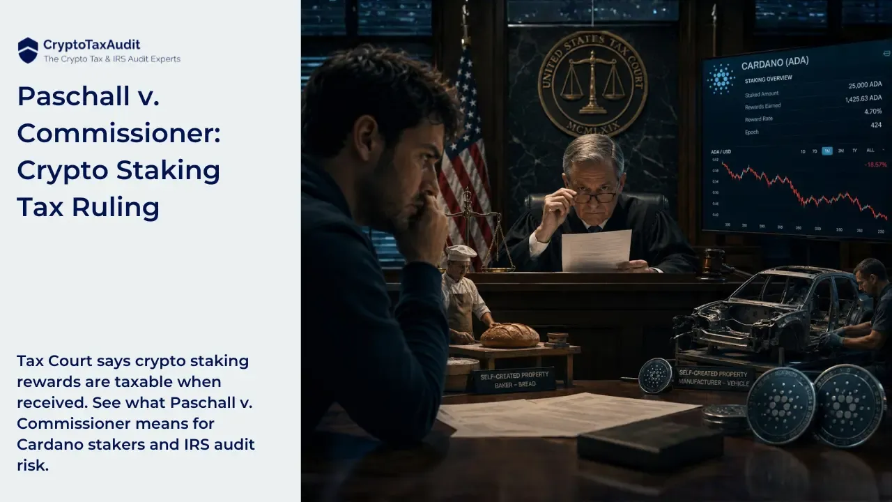 CryptoTaxAudit blog thumbnail for “Paschall v. Commissioner: Crypto Staking Tax Ruling.” The image is split into two sections. On the left, a light gray panel shows the CryptoTaxAudit logo and the headline “Paschall v. Commissioner: Crypto Staking Tax Ruling.” Below it, supporting text reads: “Tax Court says crypto staking rewards are taxable when received. See what Paschall v. Commissioner means for Cardano stakers and IRS audit risk.” On the right, a cinematic Tax Court scene shows a worried crypto investor sitting at a courtroom table while an older judge reviews a legal document from the bench. Behind the judge is a United States Tax Court seal and an American flag. A large screen displays a Cardano ADA staking dashboard with staking rewards, ADA amounts, and a falling ADA price chart. In the foreground are Cardano-style coins, legal papers, a gavel, and courtroom evidence props. A baker with a loaf of bread and a mechanic beside a partly built vehicle represent the self-created property argument rejected in the Paschall staking rewards case. The image visually explains that Cardano staking rewards were treated as taxable income when received, not only when sold.