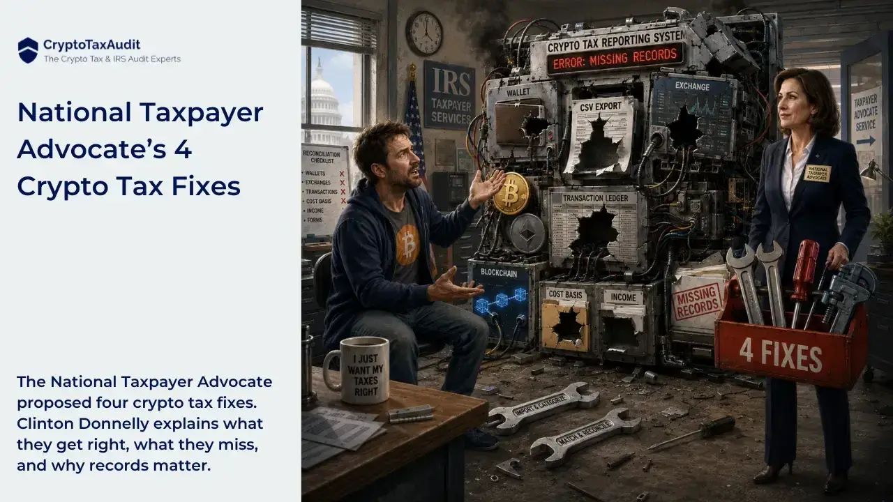 CryptoTaxAudit blog graphic titled “National Taxpayer Advocate’s 4 Crypto Tax Fixes.” On the right, a frustrated crypto investor gestures toward a large broken “Crypto Tax Reporting System” machine displaying “Error: Missing Records.” The machine contains damaged sections labeled Wallet, CSV Export, Exchange, Transaction Ledger, Blockchain, Cost Basis, and Income, with Bitcoin and Ethereum symbols, exposed wires, missing data, and scattered repair tools. A professionally dressed woman representing the National Taxpayer Advocate stands beside it holding a red toolbox marked “4 Fixes.” An IRS Taxpayer Services sign and U.S. Capitol dome appear in the background. Text on the left explains that Clinton Donnelly examines what the four proposed crypto tax fixes get right, what they miss, and why transaction records matter.
