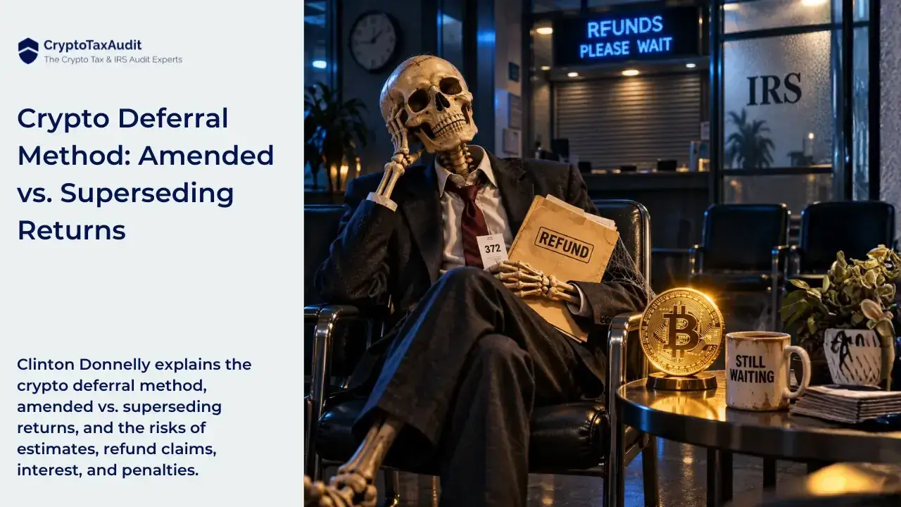 CryptoTaxAudit blog graphic with a pale gray text panel on the left and a humorous IRS waiting room scene on the right. Above the headline, the navy CryptoTaxAudit shield logo appears beside “CryptoTaxAudit” and the tagline “The Crypto Tax & IRS Audit Experts.” The headline reads: “Crypto Deferral Method: Amended vs. Superseding Returns.” Below, text reads: “Clinton Donnelly explains the crypto deferral method, amended vs. superseding returns, and the risks of estimates, refund claims, interest, and penalties.” On the right, a skeleton wearing a dark suit, white shirt, and loosened burgundy tie sits cross-legged in a black waiting chair, resting its head against one hand. Its other hand rests on a worn folder marked “REFUND,” beside queue ticket number 372. Cobwebs stretch between the folder and chair. A nearby table holds a glowing gold Bitcoin coin, a stained mug reading “STILL WAITING,” a wilted potted plant, and stacked papers. Behind the skeleton are empty chairs, a wall clock, a closed service counter, and frosted glass marked “IRS.” A blue illuminated sign reads “REFUNDS PLEASE WAIT.” Dark blue lighting and warm gold highlights emphasize the joke of waiting indefinitely for a refund.