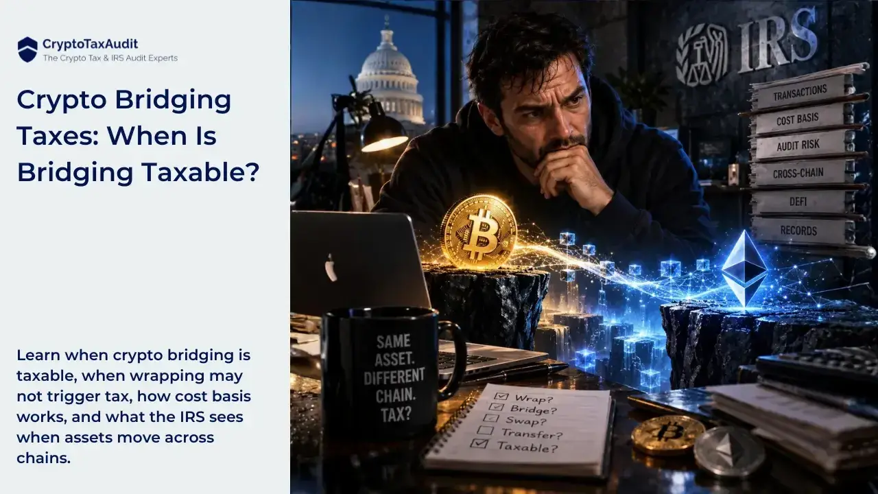 A CryptoTaxAudit graphic about crypto bridging taxes. On the right, a concerned man sits at a desk beside a glowing Bitcoin and Ethereum symbol connected by a digital bridge. IRS signage, folders labeled Transactions, Cost Basis, Audit Risk, Cross-Chain, DeFi and Records appear behind him. On the left, text reads “Crypto Bridging Taxes: When Is Bridging Taxable?” and explains that the article covers taxable bridges, wrapping, cost basis and what the IRS sees when crypto moves across chains.