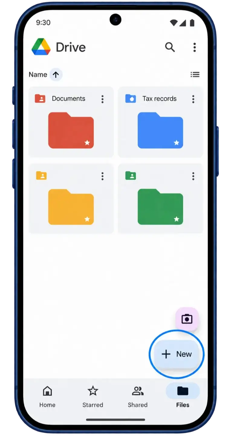 Google Drive Files screen with the New button highlighted.