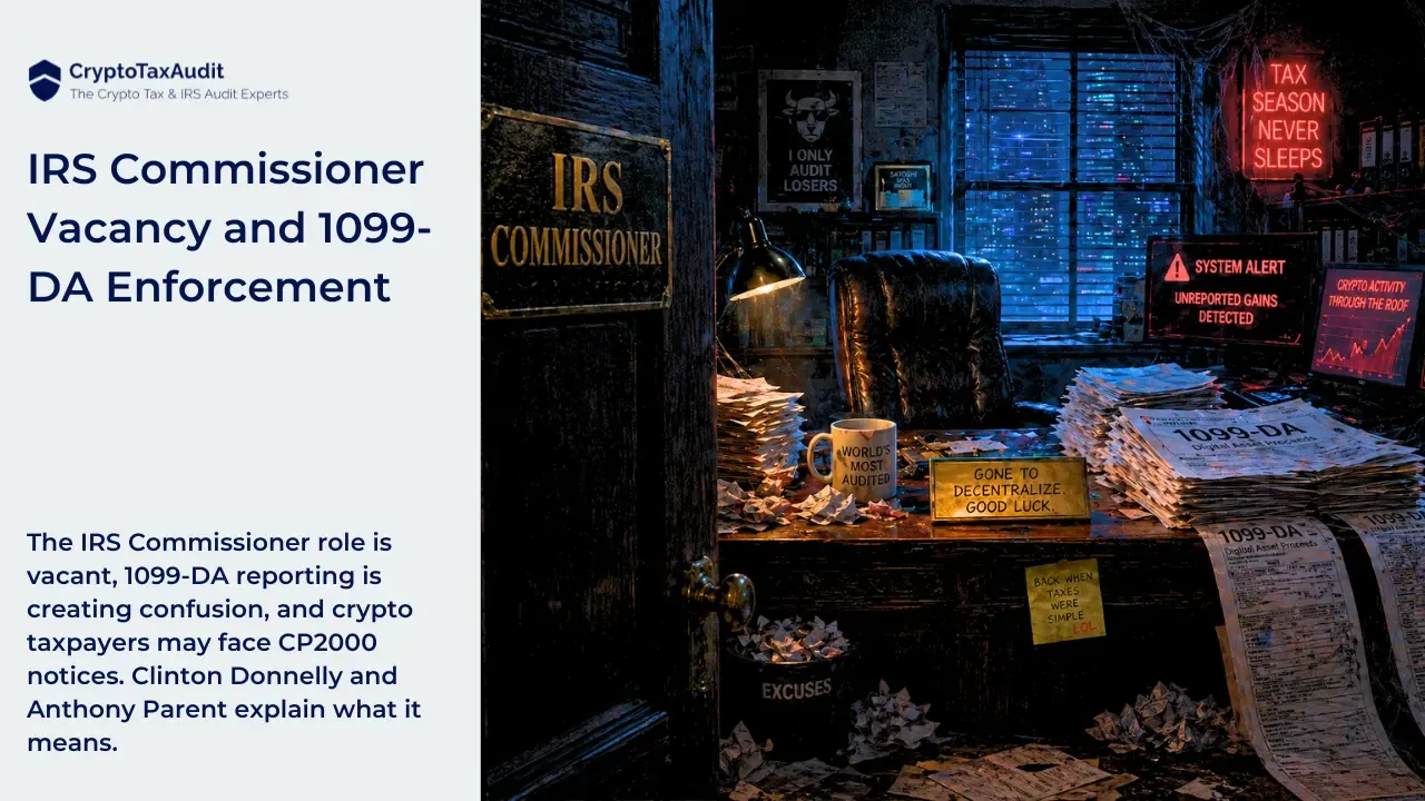 Featured image for a CryptoTaxAudit blog titled “IRS Commissioner Vacancy and 1099-DA Enforcement.” The left side shows the CryptoTaxAudit logo and the text: “IRS Commissioner Vacancy and 1099-DA Enforcement.” Below it, the text reads: “The IRS Commissioner role is vacant, 1099-DA reporting is creating confusion, and crypto taxpayers may face CP2000 notices. Clinton Donnelly and Anthony Parent explain what it means.” The right side shows a dark, abandoned IRS commissioner office with an empty chair, piles of 1099-DA paperwork, computer alerts about unreported gains and crypto activity, and a neon sign that says “Tax Season Never Sleeps.”