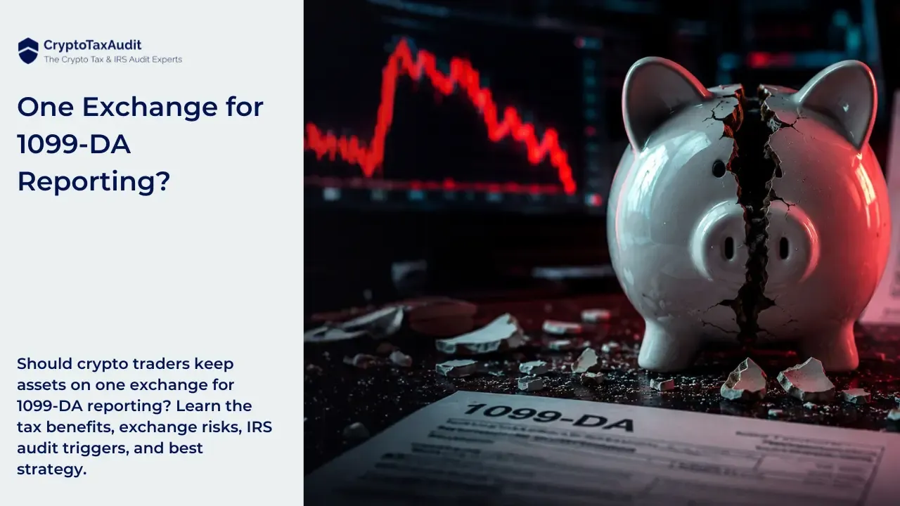 CryptoTaxAudit blog image about 1099-DA reporting. On the left, the CryptoTaxAudit logo appears above the headline text: “One Exchange for 1099-DA Reporting?” Below it, smaller text reads: “Should crypto traders keep assets on one exchange for 1099-DA reporting? Learn the tax benefits, exchange risks, IRS audit triggers, and best strategy.” On the right, a cracked white piggy bank sits beside broken pieces of ceramic, with a red falling crypto chart in the background and a blurred 1099-DA tax form in the foreground.