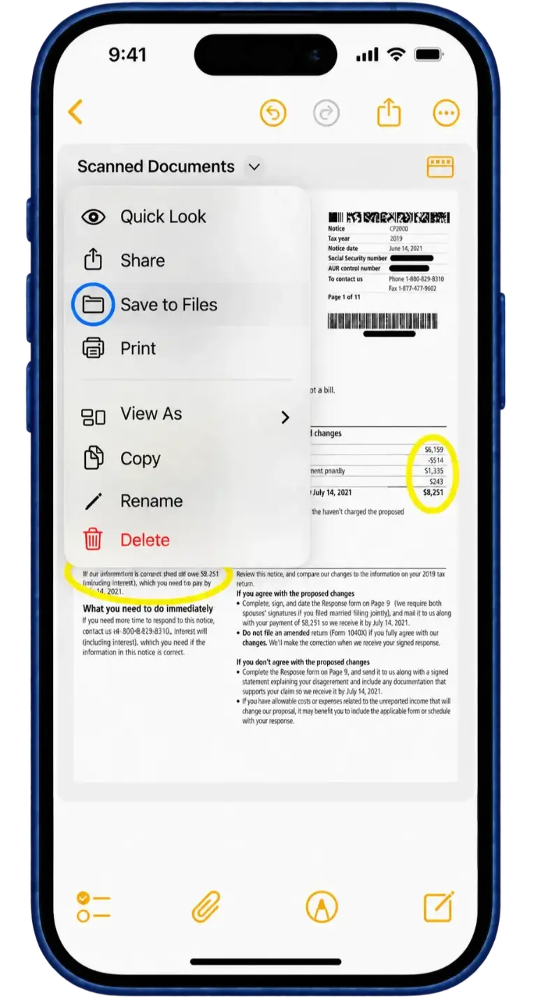 The Notes PDF options menu with Save to Files highlighted.