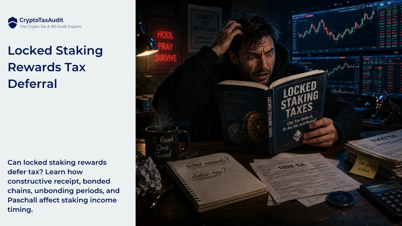 CryptoTaxAudit blog thumbnail with a split layout. On the left, a white panel shows the CryptoTaxAudit logo and tagline “The Crypto Tax & IRS Audit Experts.” Large navy text reads “Locked Staking Rewards Tax Deferral.” Below it, smaller navy text says: “Can locked staking rewards defer tax? Learn how constructive receipt, bonded chains, unbonding periods, and Paschall affect staking income timing.” On the right, a stressed crypto trader sits at a dark desk at night, scratching his head while reading a large book titled “Locked Staking Taxes.” The book subtitle says, “Can You Defer It, Or Are You Just Hoping?” Behind him are glowing trading monitors with red and green crypto charts. The desk is cluttered with 1099-DA forms, a notebook reading “locked rewards?” and “defer tax?”, a mug that says “I Read One Thread,” a calculator, a crypto coin, and a sticky note saying “Tax plan: vibes.” The scene uses dramatic blue and red lighting to show confusion, tax pressure, and crypto trading chaos.