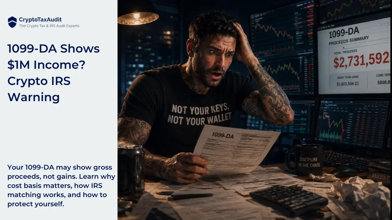CryptoTaxAudit branded feature image. The CryptoTaxAudit logo appears in the top left with the text “CryptoTaxAudit, The Crypto Tax & IRS Audit Experts.” Large headline text reads “1099-DA Shows $1M Income? Crypto IRS Warning.” Supporting text reads “Your 1099-DA may show gross proceeds, not gains. Learn why cost basis matters, how IRS matching works, and how to protect yourself.” On the right, a stressed crypto trader holds a 1099-DA form at a desk surrounded by trading screens, tax papers, and a calculator. One screen shows a 1099-DA proceeds summary with total proceeds over $2.7 million, highlighting the danger that gross proceeds can appear much higher than actual gains.