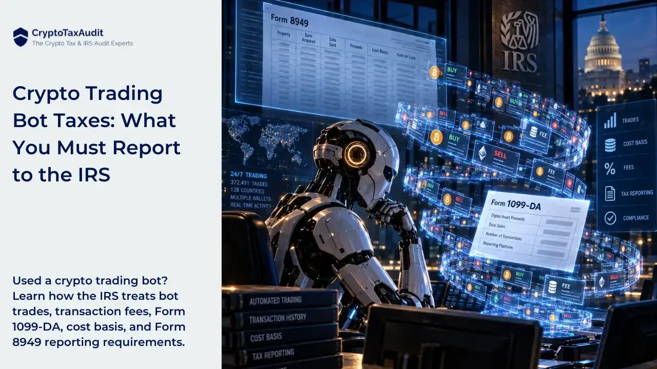 CryptoTaxAudit blog graphic titled “Crypto Trading Bot Taxes: What You Must Report to the IRS.” The image is divided into two sections. On the left, a white background displays the CryptoTaxAudit logo, the headline, and supporting text: “Used a crypto trading bot? Learn how the IRS treats bot trades, transaction fees, Form 1099-DA, cost basis, and Form 8949 reporting requirements.” On the right, a futuristic silver humanoid trading robot sits at a desk in a dark, blue-lit trading room, studying curved digital screens filled with thousands of cryptocurrency transactions, Bitcoin symbols, buy and sell orders, and transaction fees. A large Form 8949 display shows columns for property, acquisition date, sale date, proceeds, cost basis, and gain or loss. A floating Form 1099-DA displays digital asset reporting information. Additional screens show automated trading activity, transaction history, cost basis, fees, tax reporting, and compliance. An IRS emblem appears on the wall, with the illuminated U.S. Capitol visible through a window. The illustration represents the complexity of IRS tax reporting, recordkeeping, and capital gains calculations generated by high-volume automated cryptocurrency trading.