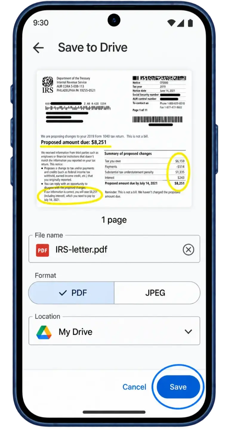 Google Drive save screen with IRS-letter.pdf, PDF format, and Save highlighted.