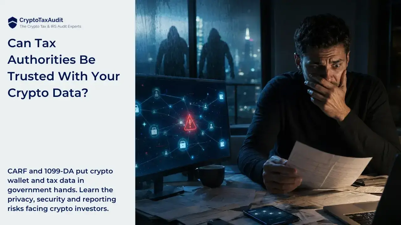 CryptoTaxAudit blog graphic. Left panel shows the CryptoTaxAudit logo and the headline “Can Tax Authorities Be Trusted With Your Crypto Data?” Below it reads: “CARF and 1099-DA put crypto wallet and tax data in government hands. Learn the privacy, security and reporting risks facing crypto investors.” On the right, a worried man sits at a desk at night holding paperwork, surrounded by documents, a laptop, phone and a monitor showing a digital network with security icons and a red warning symbol. Behind him, two dark, hooded figures stand outside a rain-covered window, creating the sense that the crypto investor is being watched or targeted for robbery.