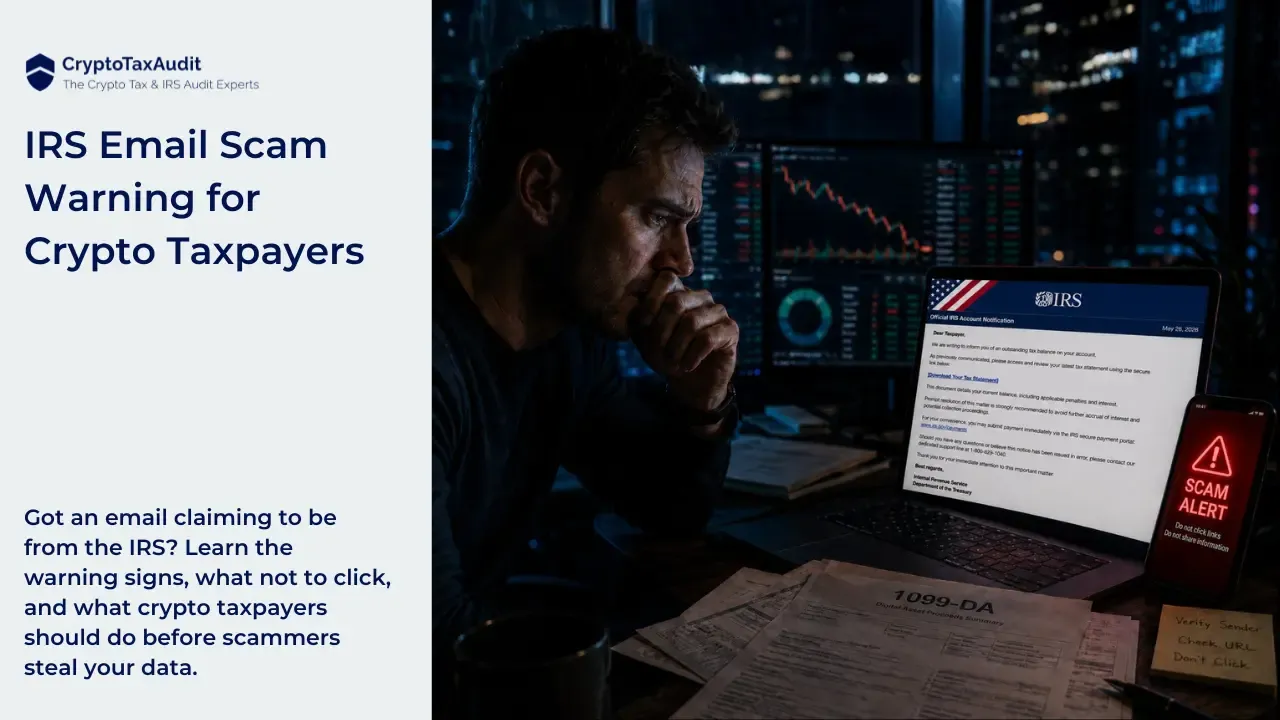 CryptoTaxAudit blog hero image about an IRS email scam targeting crypto taxpayers. On the left side, a light gray panel shows the CryptoTaxAudit shield logo and the text “CryptoTaxAudit, The Crypto Tax & IRS Audit Experts.” Below it, a large navy headline reads “IRS Email Scam Warning for Crypto Taxpayers.” Near the bottom of the panel, supporting text says: “Got an email claiming to be from the IRS? Learn the warning signs, what not to click, and what crypto taxpayers should do before scammers steal your data.”  On the right side, a dark cinematic office scene shows a worried man sitting at a desk at night, leaning forward with his hand near his mouth while looking at a laptop. Behind him are trading screens with red and green market charts, suggesting cryptocurrency activity. The laptop screen displays a fake IRS-style email with an American flag banner, IRS branding, and an “Official IRS Account Notification” layout. The email includes a suspicious link labeled “Download Your Tax Statement.” On the desk are scattered tax papers, including a visible “1099-DA Digital Asset Proceeds Summary” form. A phone beside the laptop shows a red warning screen that says “SCAM ALERT” with a warning triangle icon and small text reading “Do not click links” and “Do not share information.” A sticky note on the desk says “Verify Sender, Check URL, Don’t Click.” The overall mood is tense, dark, and urgent, emphasizing phishing risk, fake IRS emails, crypto tax anxiety, and the need to verify before clicking.