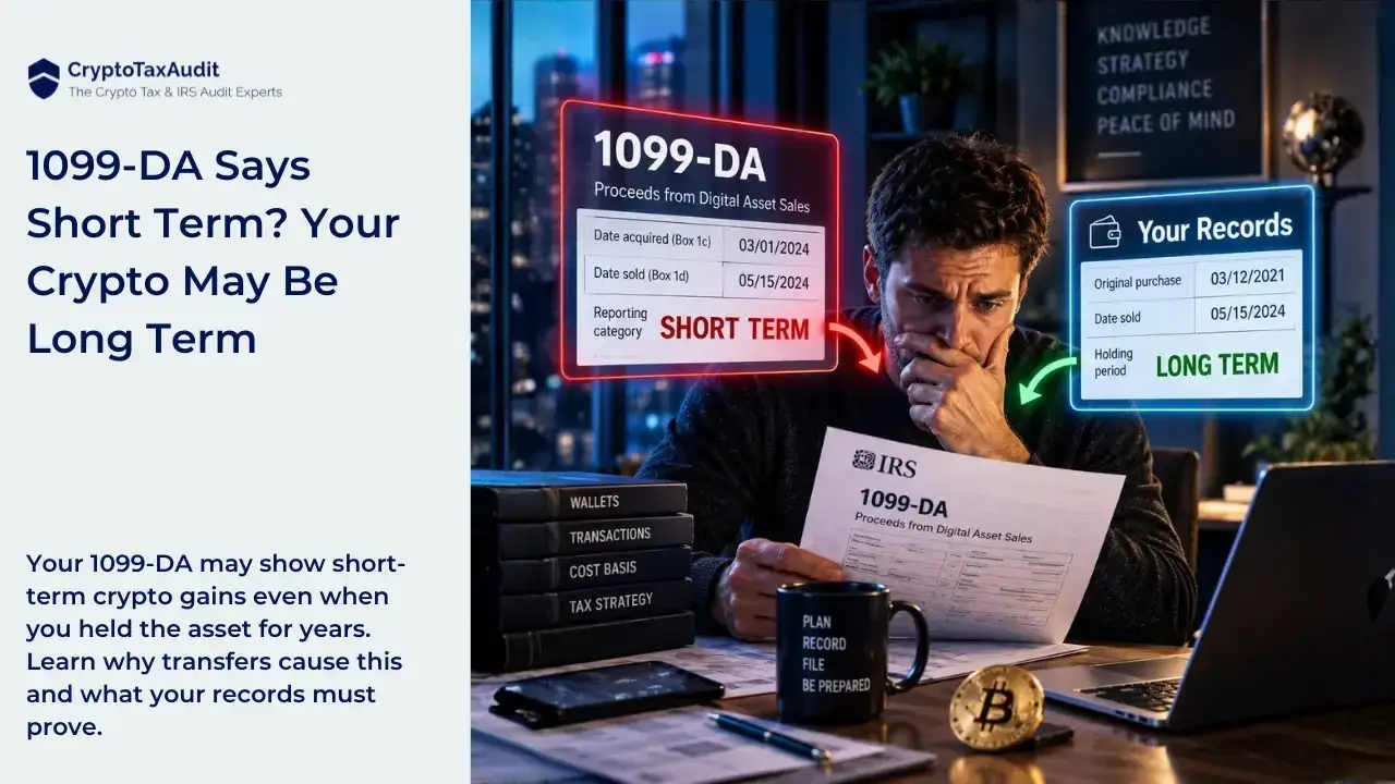 CryptoTaxAudit blog graphic comparing a Form 1099-DA with an investor’s own crypto records. On the right, a worried man sits at a desk holding an IRS 1099-DA. A red panel above him shows the form treating crypto acquired in March 2024 and sold in May 2024 as short term. A blue panel beside it shows the investor’s records with an original purchase date in March 2021, making the same sale long term. The desk includes crypto transaction records, a laptop, paperwork, and a physical Bitcoin coin. On the left, the headline reads, “1099-DA Says Short Term? Your Crypto May Be Long Term,” with a short explanation about transferred crypto and proving the correct holding period.