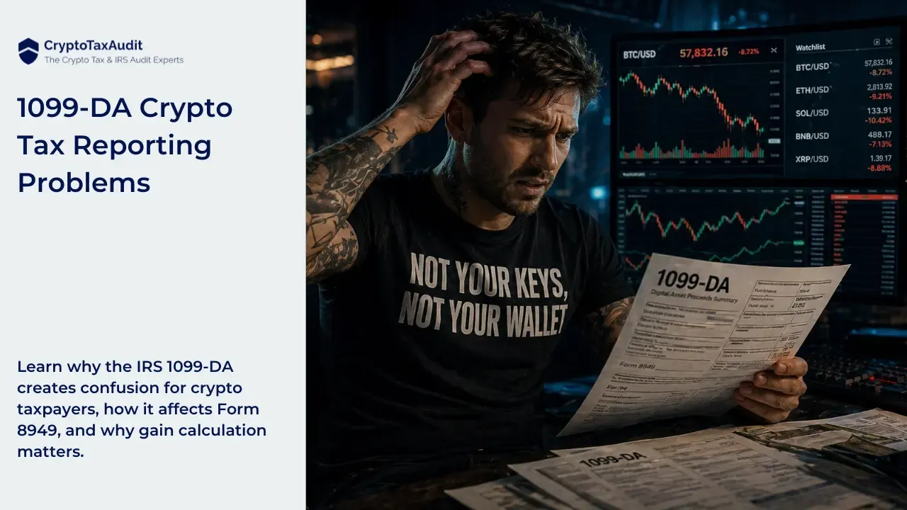 A CryptoTaxAudit featured blog image about 1099-DA crypto tax reporting problems. On the left, the CryptoTaxAudit logo appears above the headline “1099-DA Crypto Tax Reporting Problems.” Below it, the text reads: “Learn why the IRS 1099-DA creates confusion for crypto taxpayers, how it affects Form 8949, and why gain calculation matters.” On the right, a worried crypto trader sits at a desk holding a 1099-DA tax form. He is wearing a shirt that says “Not your keys, not your wallet.” Behind him are trading screens showing falling crypto prices for BTC/USD, ETH/USD, SOL/USD, BNB/USD, and XRP/USD, reinforcing the confusion and stress around crypto tax reporting.