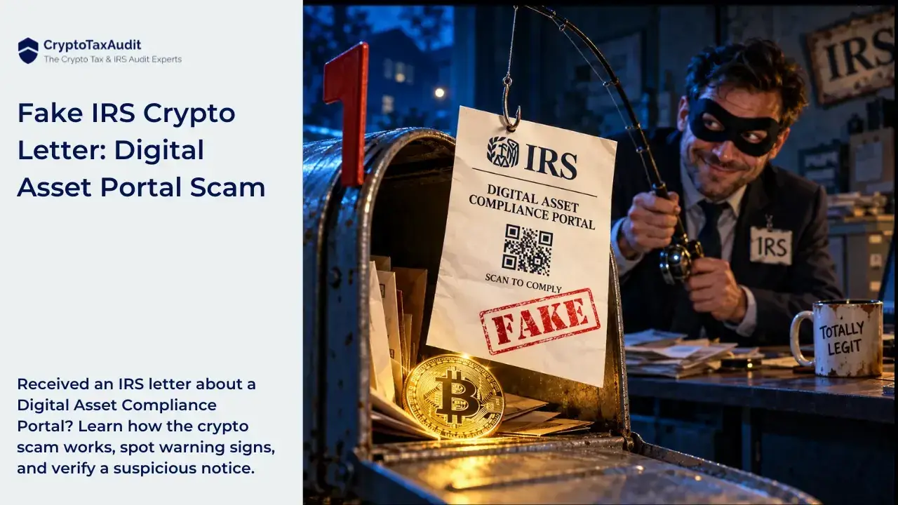 CryptoTaxAudit blog thumbnail combining a pale gray text panel on the left with a humorous, cinematic scam illustration on the right. The left panel displays a navy shield logo beside “CryptoTaxAudit” and the tagline “The Crypto Tax & IRS Audit Experts.” The large navy headline reads, “Fake IRS Crypto Letter: Digital Asset Portal Scam.” Below it, smaller text reads, “Received an IRS letter about a Digital Asset Compliance Portal? Learn how the crypto scam works, spot warning signs, and verify a suspicious notice.”  On the right, a smirking man with tousled dark hair and stubble wears a black burglar mask, dark suit, white shirt, tie, and a homemade badge marked “IRS.” He sits behind a cluttered desk, holding a fishing rod. Its line suspends a cream-colored letter from a large hook in front of an open metal mailbox. The letter displays an IRS-style emblem, “IRS,” “DIGITAL ASSET COMPLIANCE PORTAL,” a QR code, and “SCAN TO COMPLY.” A large diagonal red stamp across its lower half reads “FAKE.”  The weathered mailbox has a raised red flag and contains envelopes and a brightly glowing gold Bitcoin coin. On the desk are scattered papers and a stained white mug reading “TOTALLY LEGIT.” A crooked “IRS” sign hangs behind the man. A house and trees appear in the background. Deep blue nighttime lighting contrasts with the warm golden light around the Bitcoin. The scene depicts a scammer literally fishing for cryptocurrency using a fake IRS letter as bait.
