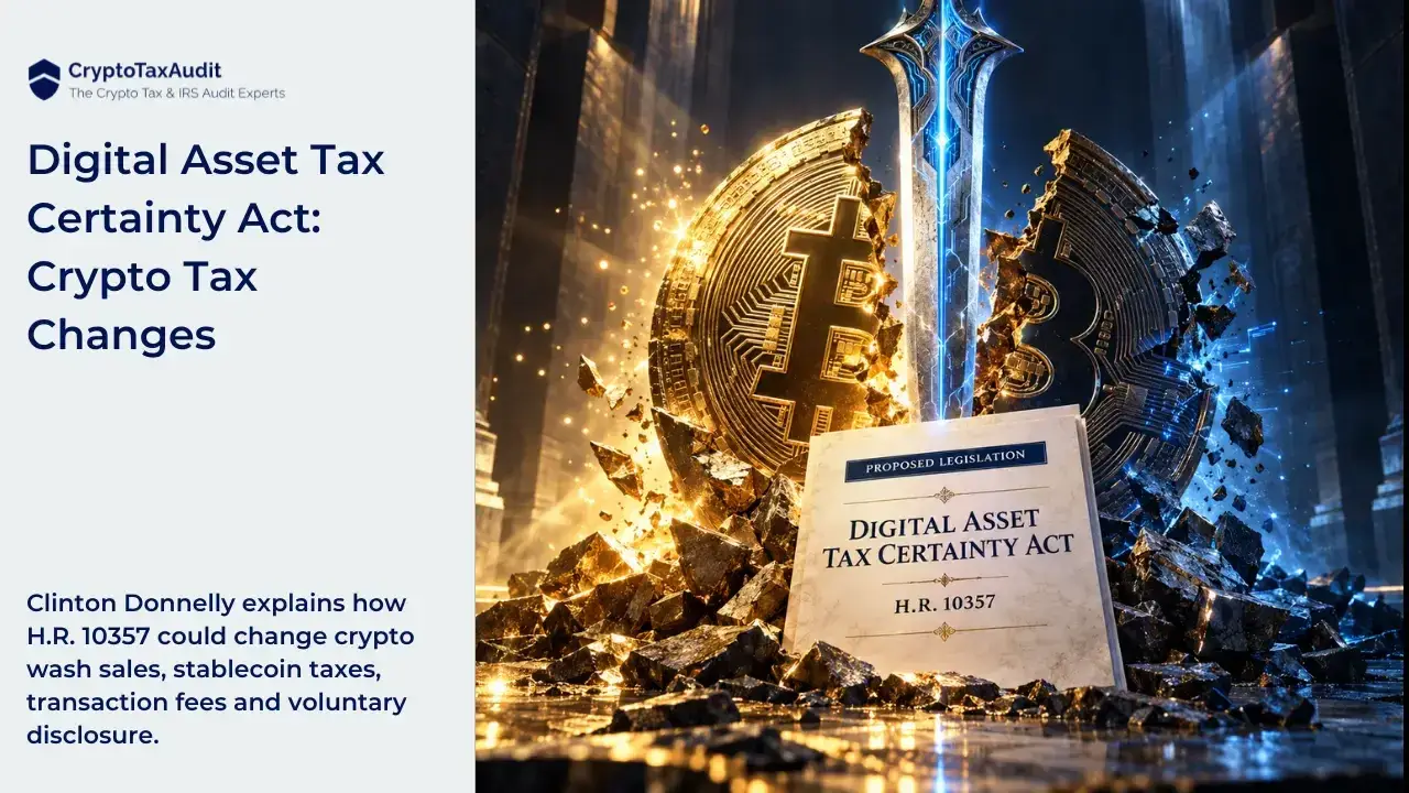 CryptoTaxAudit blog graphic divided into two panels. The pale grey left panel displays a navy shield logo beside “CryptoTaxAudit” and the tagline “The Crypto Tax & IRS Audit Experts.” The headline reads “Digital Asset Tax Certainty Act: Crypto Tax Changes.” Below, text reads: “Clinton Donnelly explains how H.R. 10357 could change crypto wash sales, stablecoin taxes, transaction fees and voluntary disclosure.” The right panel shows a dramatic illustration of a giant Bitcoin coin split down the middle by an upright silver sword with glowing blue circuitry. The left half of the coin shines gold; the right half is dark with blue lighting. Broken metallic fragments, sparks and glowing particles surround the coin and cover the reflective floor. Tall stone pillars stand in the shadowy background. In the foreground, a cream document with decorative gold lines reads “PROPOSED LEGISLATION,” “DIGITAL ASSET TAX CERTAINTY ACT” and “H.R. 10357.” The double-edged sword represents the proposal cutting both ways for crypto investors.