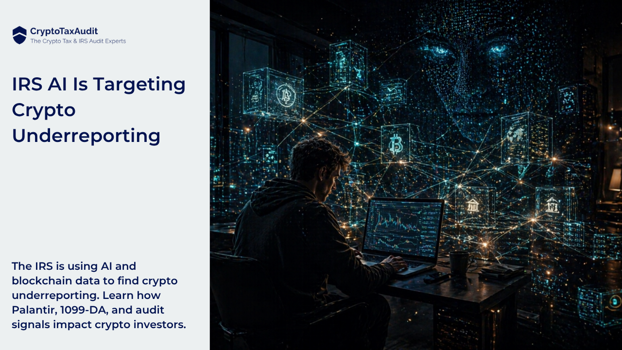 Banner image for CryptoTaxAudit showing a split layout.  On the left side, a clean white panel displays the CryptoTaxAudit logo at the top, consisting of a blue shield icon followed by the text “CryptoTaxAudit” and the tagline “The Crypto Tax & IRS Audit Experts.”  Below the logo, large bold text reads: “IRS AI Is Targeting Crypto Underreporting.”  Under the headline, smaller paragraph text reads: “The IRS is using AI and blockchain data to find crypto underreporting. Learn how Palantir, 1099-DA, and audit signals impact crypto investors.”  On the right side of the image, a dark, cinematic scene shows a young male crypto trader sitting at a desk using a laptop. He is focused on the screen, surrounded by multiple monitors and a dimly lit room.  Floating around him is a glowing network of digital blockchain connections, including transparent cubes and nodes connected by lines, some displaying cryptocurrency symbols like Bitcoin.  In the background, a large abstract artificial intelligence face made of blue glowing data points and neural network patterns is watching over the scene. The AI presence appears emotionless and observant, symbolizing surveillance and data analysis.  The overall color palette is dark with blue and green tones, with high contrast lighting and glowing data elements, creating a futuristic and slightly ominous atmosphere that suggests monitoring and detection of crypto activity.