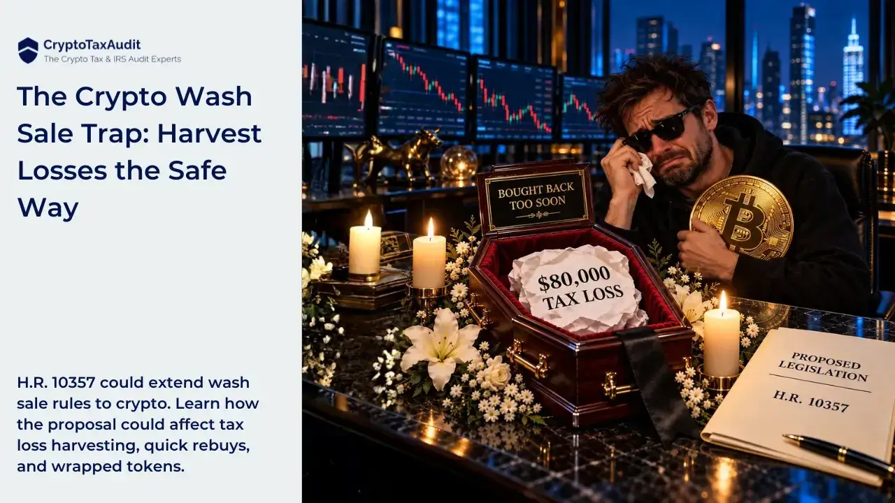 CryptoTaxAudit blog banner with a pale gray text panel on the left and a darkly humorous illustration on the right. Above the headline, a navy shield logo accompanies “CryptoTaxAudit” and “The Crypto Tax & IRS Audit Experts.” The headline reads “The Crypto Wash Sale Trap: Harvest Losses the Safe Way.” Below it: “H.R. 10357 could extend wash sale rules to crypto. Learn how the proposal could affect tax loss harvesting, quick rebuys, and wrapped tokens.” On the right, a distressed trader wearing sunglasses and a black hoodie wipes his eye with a tissue while clutching an oversized gold Bitcoin coin. He sits beside a miniature mahogany coffin lined with red velvet. Inside lies crumpled paper marked “$80,000 TAX LOSS.” The coffin lid reads “BOUGHT BACK TOO SOON.” White funeral flowers, three burning candles, and a black mourning ribbon surround the coffin. A cream folder reads “PROPOSED LEGISLATION” and “H.R. 10357,” with a pen resting across it. Trading screens display red and green candlestick charts behind him, alongside a gold bull ornament and illuminated glass sphere. Blue city lights fill the windows, contrasting with warm candlelight reflected on the dark marble desk.